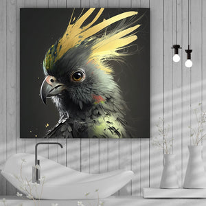 Leinwandbild Eleganter Vogel mit gelbem Kamm auf dunklem Hintergrund Quadrat