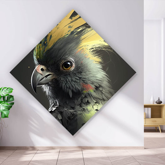 Aluminiumbild Eleganter Vogel mit gelbem Kamm auf dunklem Hintergrund Raute