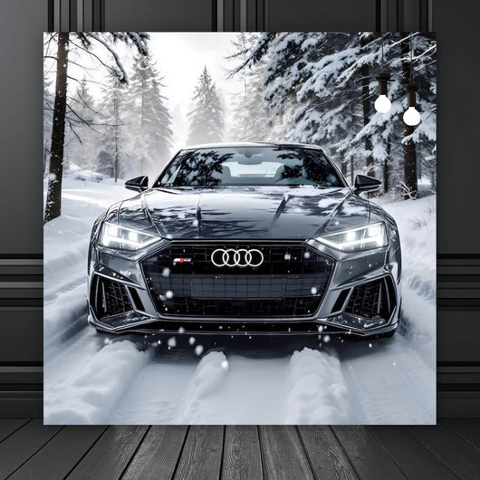 Poster Elegantes Auto fährt durch verschneiten Winterwald Quadrat