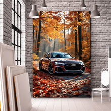 Lade das Bild in den Galerie-Viewer, Poster Elegantes Auto in herbstlicher Waldlandschaft Hochformat
