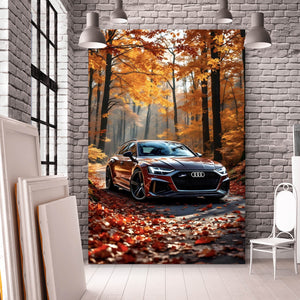 Aluminiumbild gebürstet Elegantes Auto in herbstlicher Waldlandschaft Hochformat