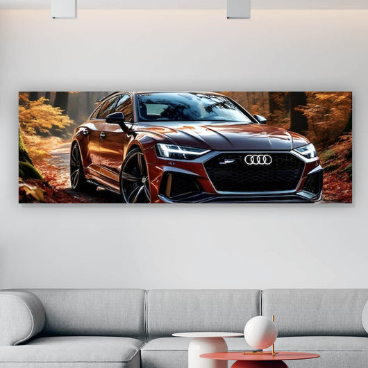 Poster Elegantes Auto in herbstlicher Waldlandschaft Panorama