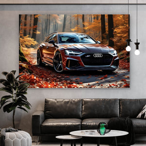 Poster Elegantes Auto in herbstlicher Waldlandschaft Querformat