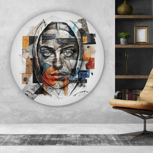 Aluminiumbild gebürstet Elegantes Gesichtsporträt einer Frau Kreis