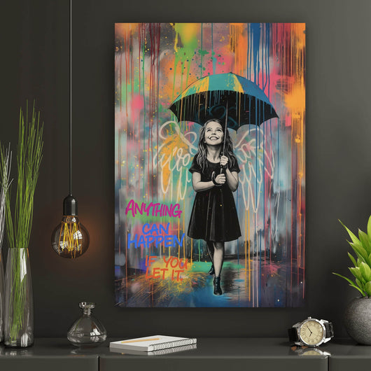 Leinwandbild Engel Mädchen mit Schirm Pop Art Hochformat