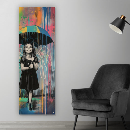 Aluminiumbild Engel Mädchen mit Schirm Pop Art Panorama Hoch