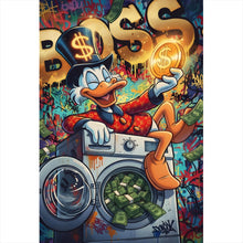 Lade das Bild in den Galerie-Viewer, Aluminiumbild gebürstet Entenboss mit Geldmotiv Hochformat
