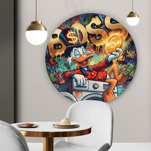 Aluminiumbild Entenboss mit Geldmotiv Kreis