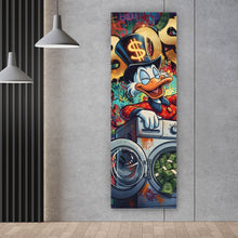 Lade das Bild in den Galerie-Viewer, Acrylglasbild Entenboss mit Geldmotiv Panorama Hoch
