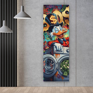 Leinwandbild Entenboss mit Geldmotiv Panorama Hoch
