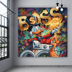 Acrylglasbild Entenboss mit Geldmotiv Quadrat