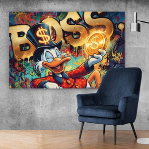 Acrylglasbild Entenboss mit Geldmotiv Querformat