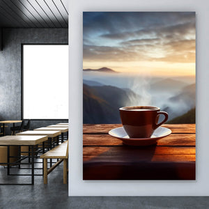 Leinwandbild Entspannte Berglandschaft mit Kaffee am Morgen Hochformat
