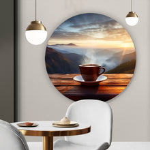 Lade das Bild in den Galerie-Viewer, Aluminiumbild gebürstet Entspannte Berglandschaft mit Kaffee am Morgen Kreis
