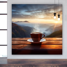 Lade das Bild in den Galerie-Viewer, Aluminiumbild gebürstet Entspannte Berglandschaft mit Kaffee am Morgen Quadrat

