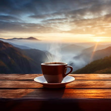 Lade das Bild in den Galerie-Viewer, Aluminiumbild Entspannte Berglandschaft mit Kaffee am Morgen Quadrat
