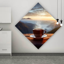 Lade das Bild in den Galerie-Viewer, Aluminiumbild Entspannte Berglandschaft mit Kaffee am Morgen Raute
