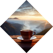 Lade das Bild in den Galerie-Viewer, Aluminiumbild Entspannte Berglandschaft mit Kaffee am Morgen Raute
