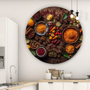 Aluminiumbild Exotische Gewürze auf rustikalem Holztisch Kreis