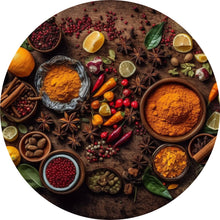 Lade das Bild in den Galerie-Viewer, Aluminiumbild gebürstet Exotische Gewürze auf rustikalem Holztisch Kreis
