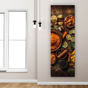 Poster Exotische Gewürze auf rustikalem Holztisch Panorama Hoch