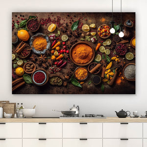 Acrylglasbild Exotische Gewürze auf rustikalem Holztisch Querformat