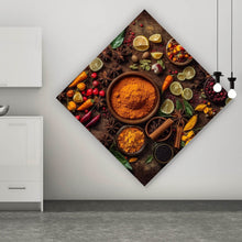 Lade das Bild in den Galerie-Viewer, Acrylglasbild Exotische Gewürze auf rustikalem Holztisch Raute
