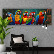 Lade das Bild in den Galerie-Viewer, Aluminiumbild gebürstet Exotische Papageien auf Ast sitzend Panorama
