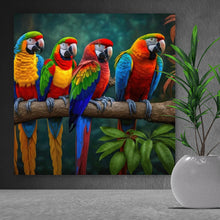Lade das Bild in den Galerie-Viewer, Aluminiumbild Exotische Papageien auf Ast sitzend Quadrat
