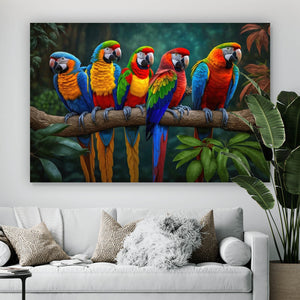 Leinwandbild Exotische Papageien auf Ast sitzend Querformat