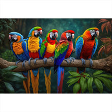 Lade das Bild in den Galerie-Viewer, Acrylglasbild Exotische Papageien auf Ast sitzend Querformat

