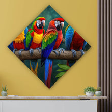 Lade das Bild in den Galerie-Viewer, Acrylglasbild Exotische Papageien auf Ast sitzend Raute
