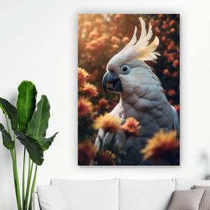 Poster Exotischer Kakadu in blühender Natur Hochformat