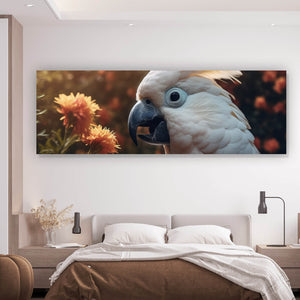 Poster Exotischer Kakadu in blühender Natur Panorama
