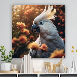 Acrylglasbild Exotischer Kakadu in blühender Natur Quadrat