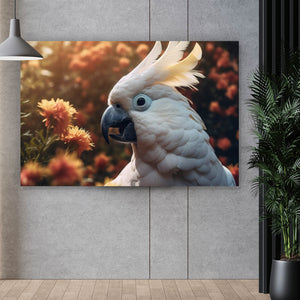 Acrylglasbild Exotischer Kakadu in blühender Natur Querformat