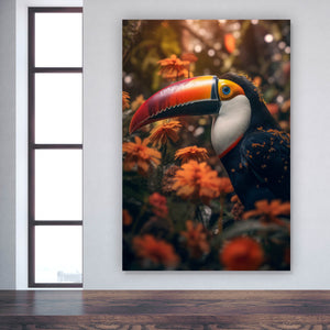 Acrylglasbild Exotischer Tukan im Blumenfeld Hochformat