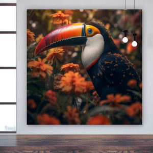 Spannrahmenbild Exotischer Tukan im Blumenfeld Quadrat