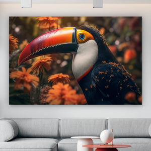 Acrylglasbild Exotischer Tukan im Blumenfeld Querformat