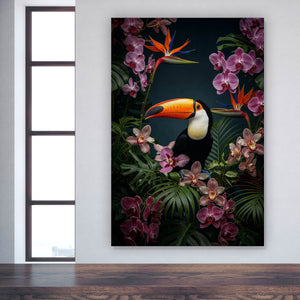 Acrylglasbild Exotischer Vogel mit tropischen Pflanzen Hochformat