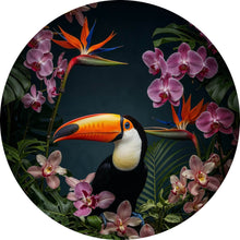 Lade das Bild in den Galerie-Viewer, Aluminiumbild Exotischer Vogel mit tropischen Pflanzen Kreis
