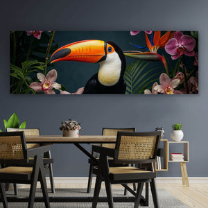 Leinwandbild Exotischer Vogel mit tropischen Pflanzen Panorama