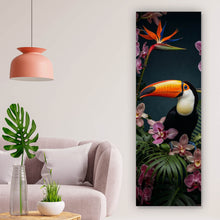 Lade das Bild in den Galerie-Viewer, Aluminiumbild Exotischer Vogel mit tropischen Pflanzen Panorama Hoch
