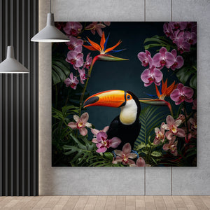 Leinwandbild Exotischer Vogel mit tropischen Pflanzen Quadrat