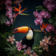Lade das Bild in den Galerie-Viewer, Aluminiumbild Exotischer Vogel mit tropischen Pflanzen Quadrat
