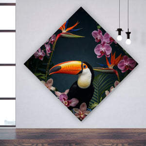 Poster Exotischer Vogel mit tropischen Pflanzen Raute