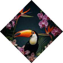 Lade das Bild in den Galerie-Viewer, Aluminiumbild gebürstet Exotischer Vogel mit tropischen Pflanzen Raute
