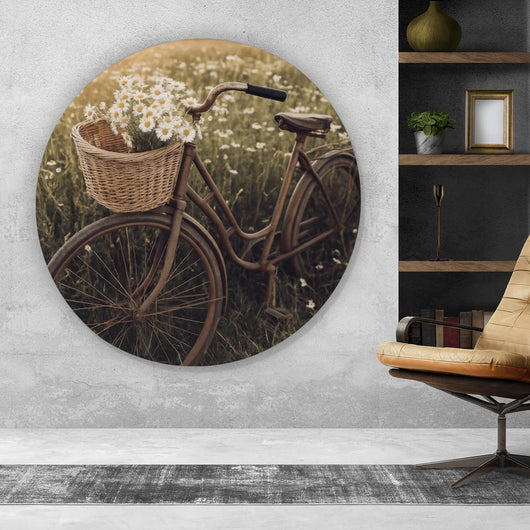 Aluminiumbild Fahrrad im Feld mit Korb voller Blumen Kreis