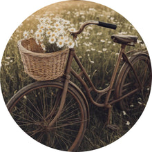 Lade das Bild in den Galerie-Viewer, Aluminiumbild Fahrrad im Feld mit Korb voller Blumen Kreis
