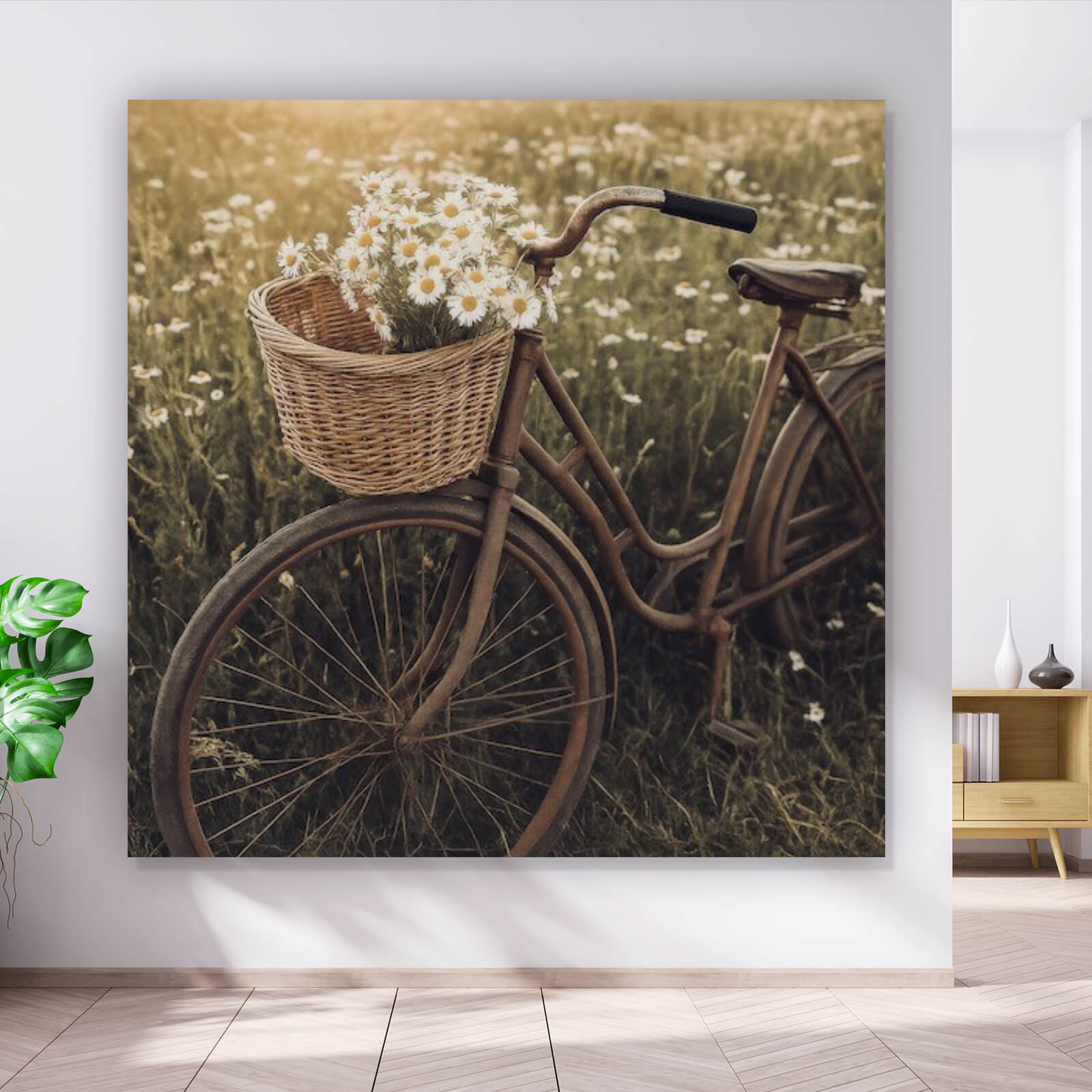 fahrräder mit korb Leinwandbild Fahrrad im Feld mit Korb voller Blumen im Quadrat,  Aufhängefertig & Versandkostenfrei – Wandguru